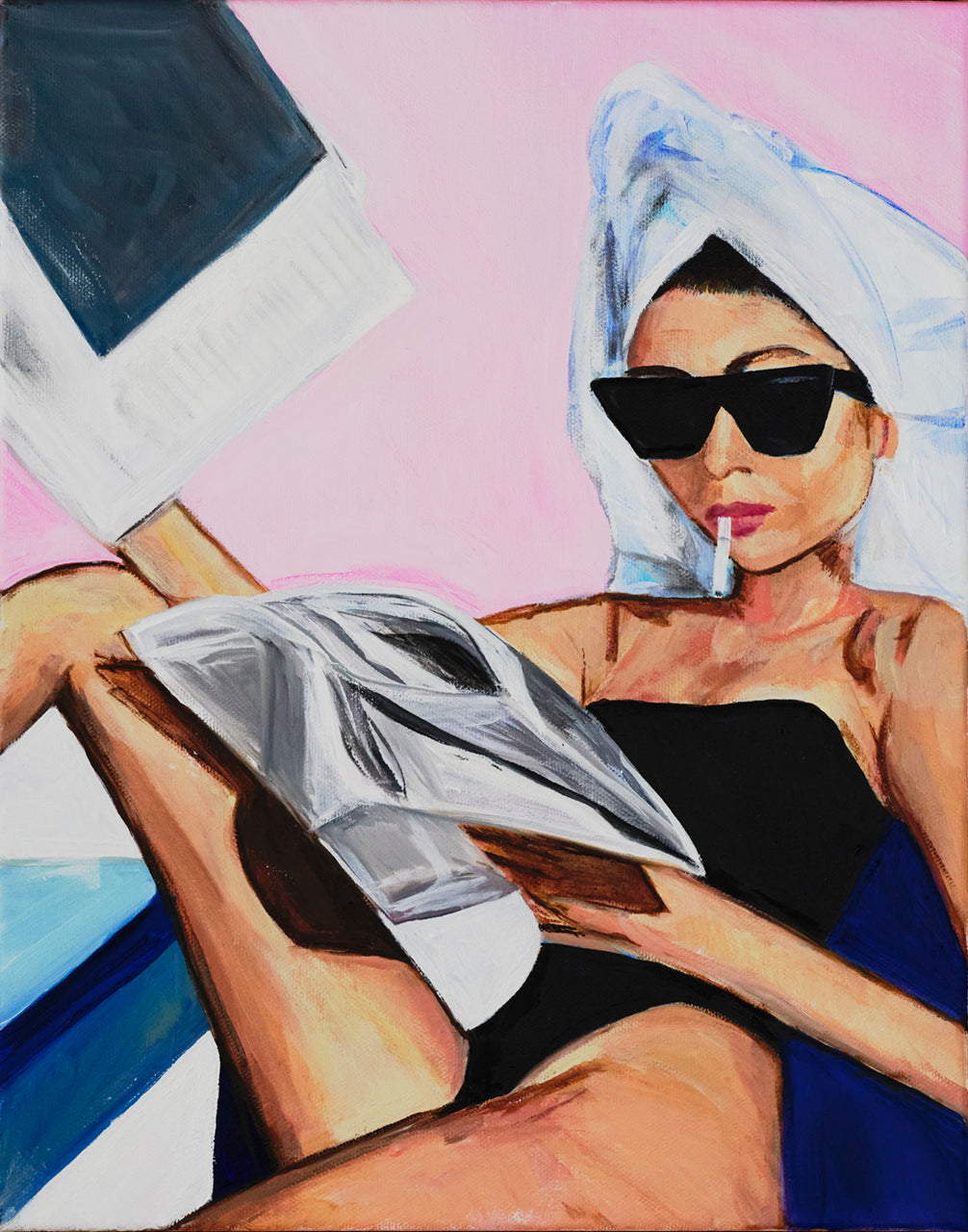 Girl with newspaper smoking cigarette with pink background