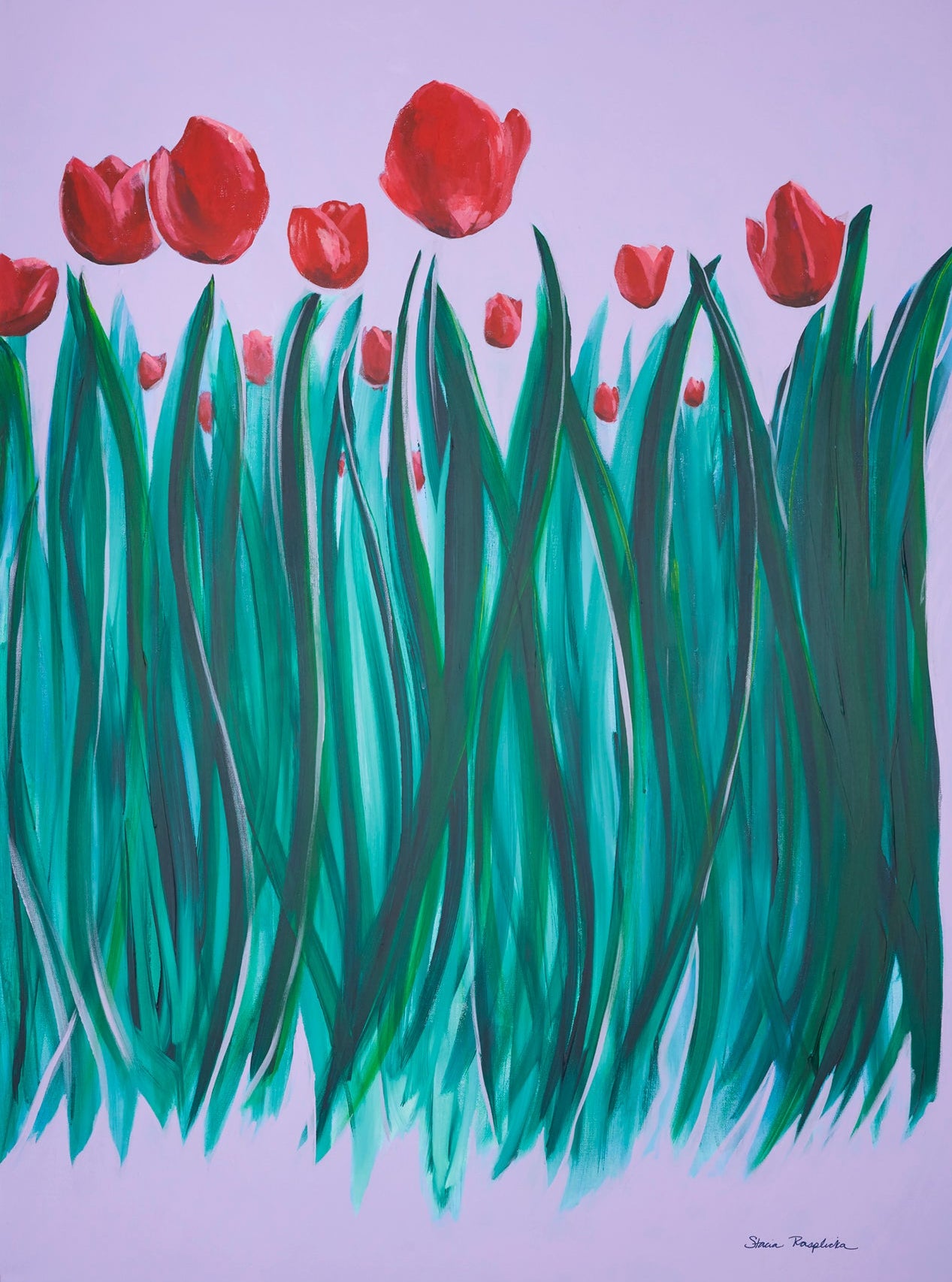 Painting of red tulips with green leaves on a light purple background